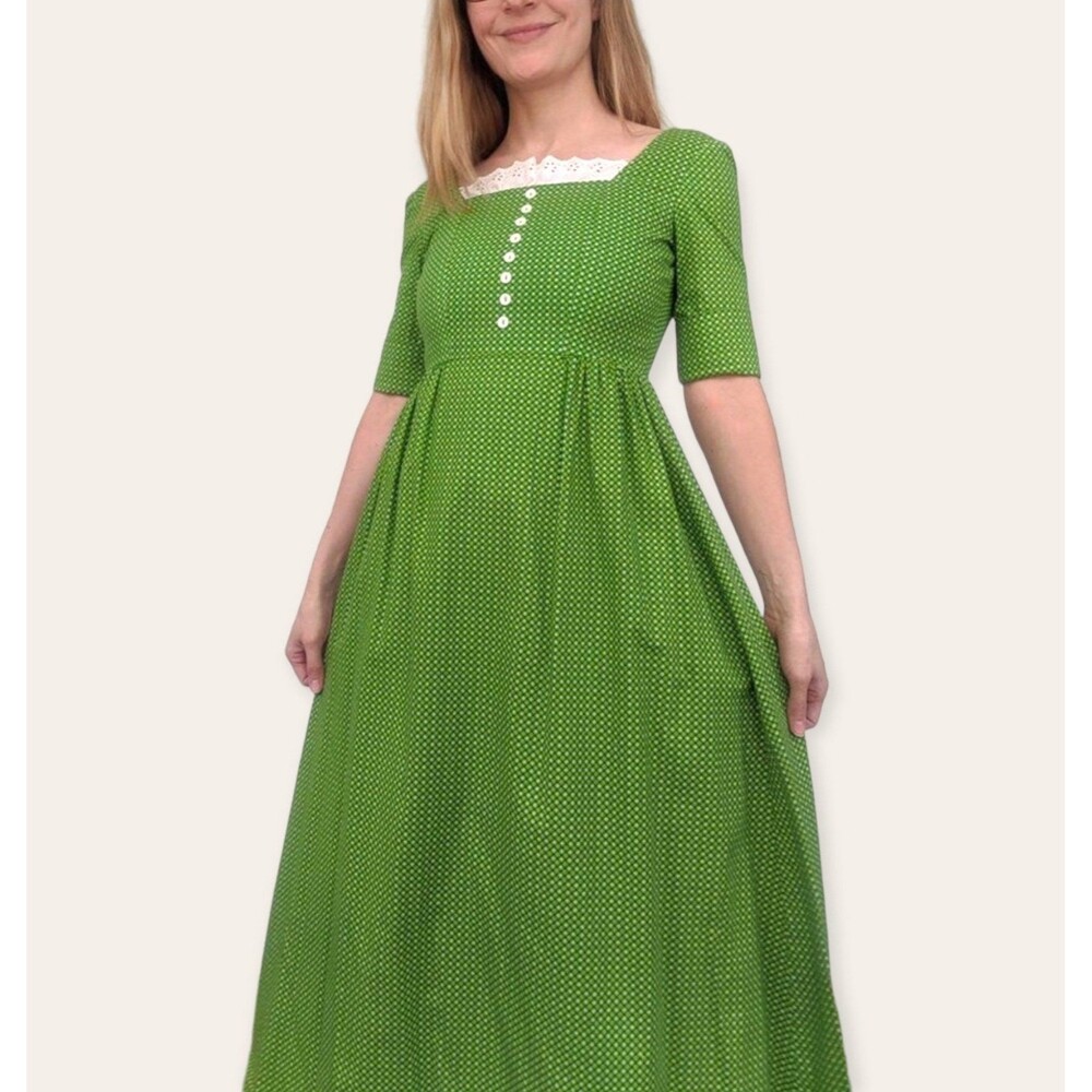 Classical Green Print Dress 70s Vintage XXS 30 Bust